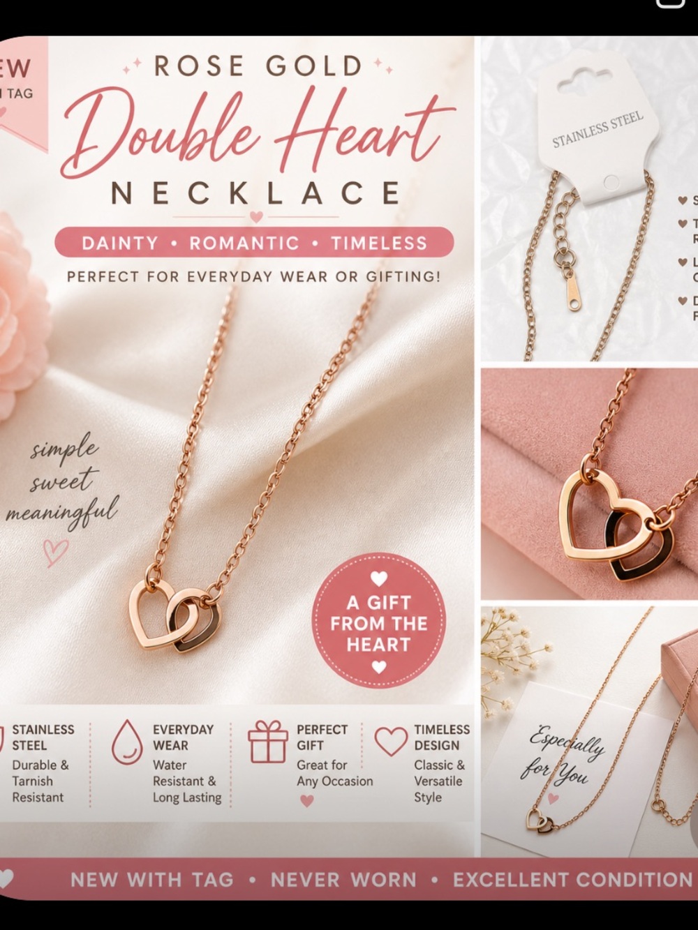 Rose Gold Double Heart Necklace – Stainless Steel